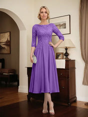 A-line Scoop Illusion Tea-Length Chiffon Lace Mother of the Bride Dress With Beading Sequins