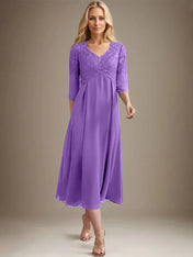 A-line V-Neck Tea-Length Chiffon Lace Mother of the Bride Dress With Beading