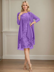 Sheath/Column Scoop Illusion Knee-Length Lace Chiffon Mother of the Bride Dress With Cascading Ruffles Sequins