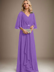 A-line V-Neck Floor-Length Chiffon Mother of the Bride Dress With Cascading Ruffles Crystal Brooch