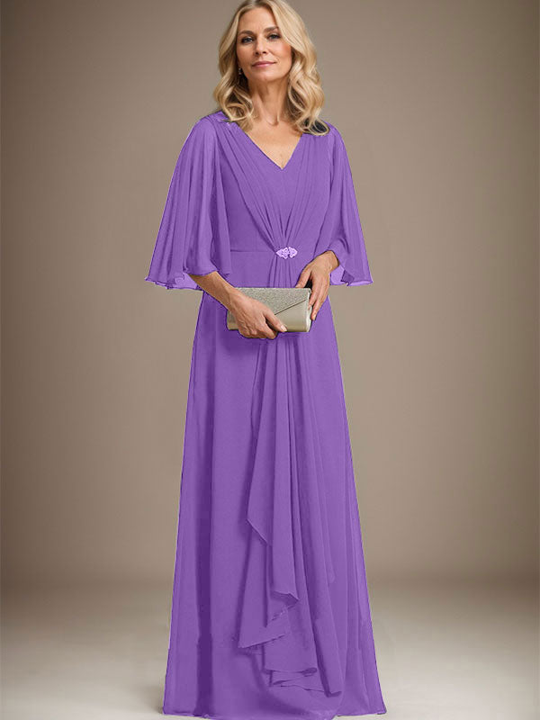 A-line V-Neck Floor-Length Chiffon Mother of the Bride Dress With Cascading Ruffles Crystal Brooch