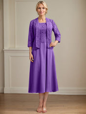 A-line Scoop Tea-Length Lace Chiffon Mother of the Bride Dress