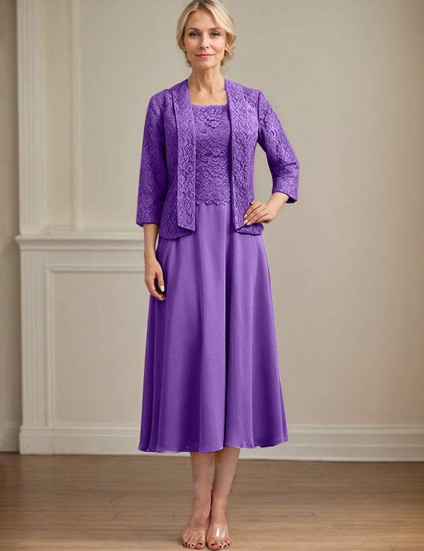 A-line Scoop Tea-Length Lace Chiffon Mother of the Bride Dress