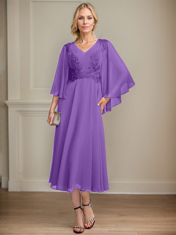 A-line V-Neck Tea-Length Chiffon Lace Mother of the Bride Dress With Beading Sequins