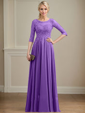 A-line Scoop Illusion Floor-Length Lace Chiffon Mother of the Bride Dress With Sequins