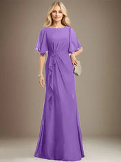 A-line Scoop Floor-Length Chiffon Mother of the Bride Dress With Cascading Ruffles Beading Sequins