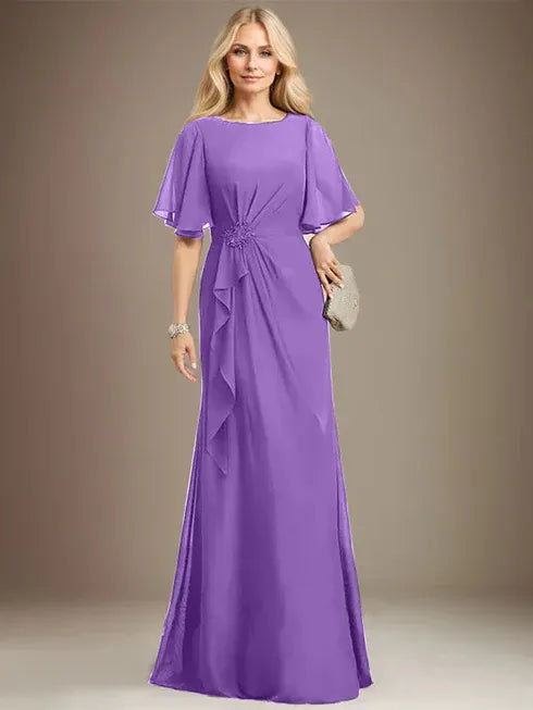 A-line Scoop Floor-Length Chiffon Mother of the Bride Dress With Cascading Ruffles Beading Sequins