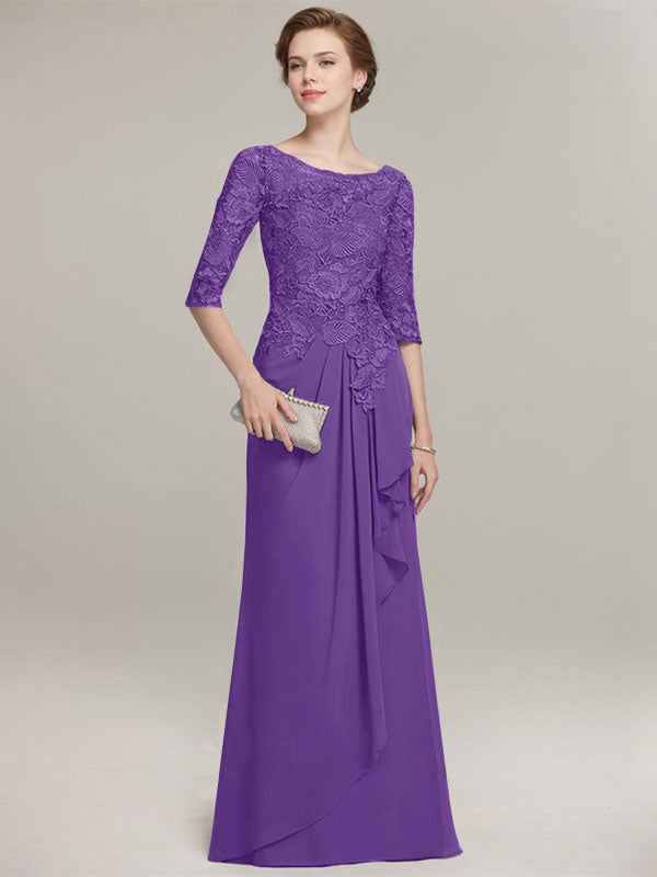 A-line Scoop Illusion Floor-Length Lace Chiffon Mother of the Bride Dress With Cascading Ruffles