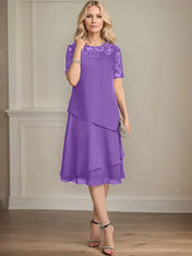 A-line Scoop Illusion Knee-Length Lace Chiffon Mother of the Bride Dress With Sequins