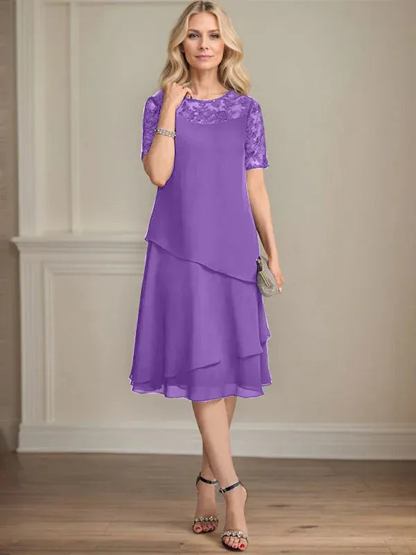 A-line Scoop Illusion Knee-Length Lace Chiffon Mother of the Bride Dress With Sequins