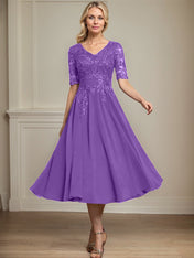 A-line V-Neck Tea-Length Lace Chiffon Mother of the Bride Dress With Sequins