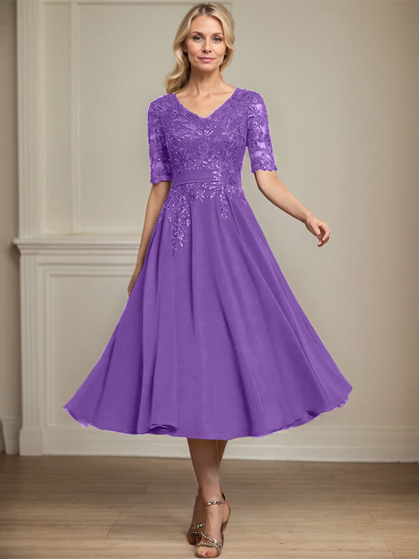 A-line V-Neck Tea-Length Lace Chiffon Mother of the Bride Dress With Sequins