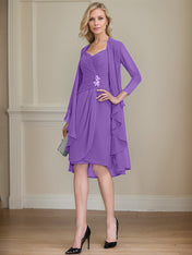 Sheath/Column Sweetheart Knee-Length Chiffon Mother of the Bride Dress With Beading Appliques Lace Sequins Pleated