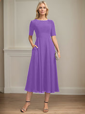 A-line Scoop Tea-Length Chiffon Mother of the Bride Dress With Appliques Lace Sequins