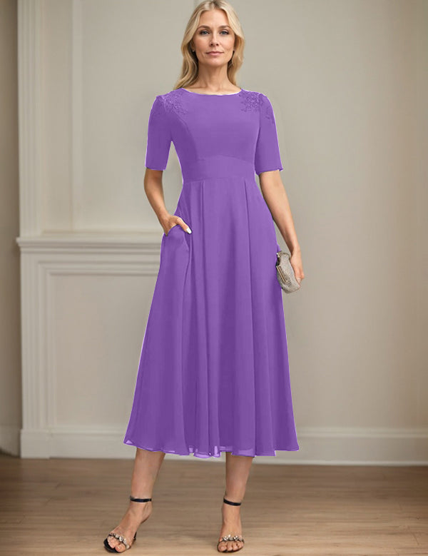 A-line Scoop Tea-Length Chiffon Mother of the Bride Dress With Appliques Lace Sequins