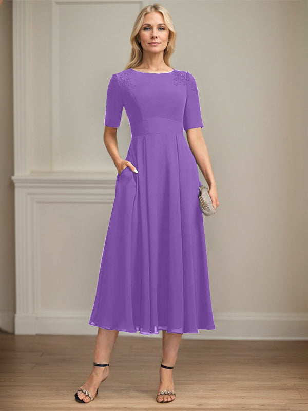 A-line Scoop Tea-Length Chiffon Mother of the Bride Dress With Appliques Lace Sequins