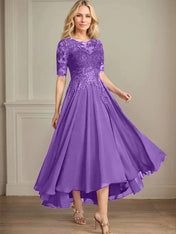 A-line Scoop Illusion Asymmetrical Chiffon Lace Mother of the Bride Dress With Sequins