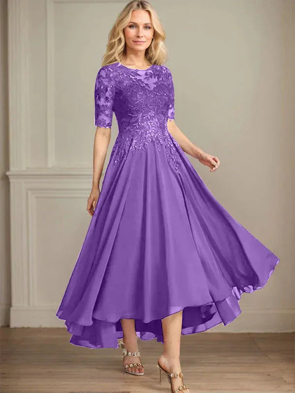 Robe de mère de la mariée asymétrique en mousseline de soie et dentelle, coupe trapèze, décolleté en V, illusion, avec paillettes 