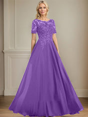 A-line Scoop Illusion Floor-Length Chiffon Lace Mother of the Bride Dress With Sequins Beading