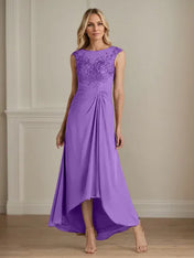 Champagne A-Line Scoop Lace Chiffon Dress