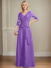 A-line V-Neck Floor-Length Lace Chiffon Mother of the Bride Dress With Cascading Ruffles Sequins