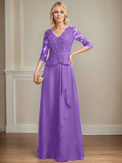 A-line V-Neck Floor-Length Lace Chiffon Mother of the Bride Dress With Cascading Ruffles Sequins