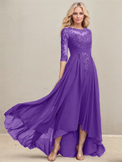 A-line Scoop Illusion Asymmetrical Lace Chiffon Mother of the Bride Dress With Pleated Sequins