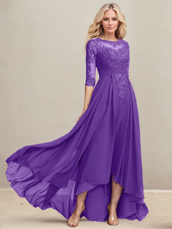 A-line Scoop Illusion Asymmetrical Lace Chiffon Mother of the Bride Dress With Pleated Sequins