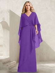 A-line V-Neck Floor-Length Chiffon Mother of the Bride Dress With Cascading Ruffles Beading