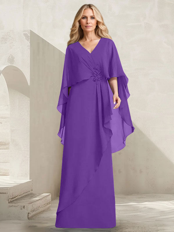 A-line V-Neck Floor-Length Chiffon Mother of the Bride Dress With Cascading Ruffles Beading