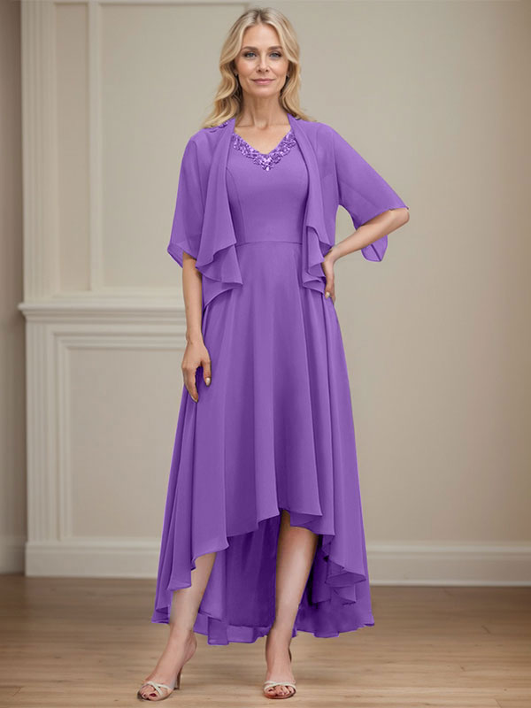 A-line V-Neck Asymmetrical Chiffon Mother of the Bride Dress With Beading Sequins