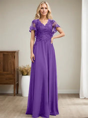 A-line V-Neck Floor-Length Lace Chiffon Mother of the Bride Dress With Sequins