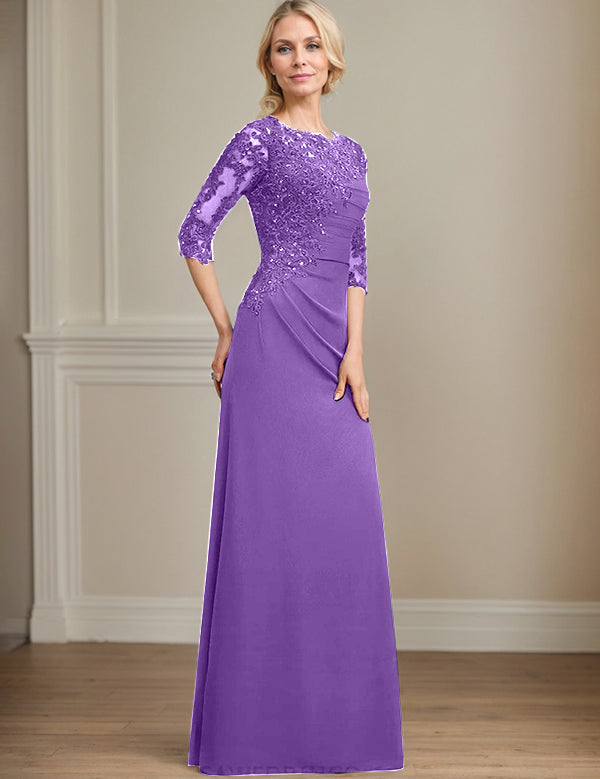 Robe de mère de la mariée trapèze en mousseline de soie et dentelle, longueur au sol, avec perles et paillettes plissées