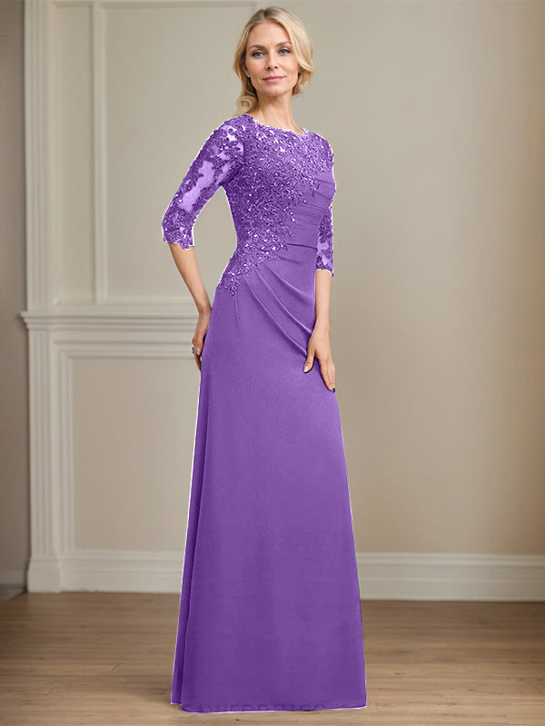 A-line Scoop Floor-Length Chiffon Lace Mother of the Bride Dress With Beading Pleated Sequins