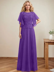 A-line Scoop Illusion Floor-Length Lace Chiffon Mother of the Bride Dress With Sequins