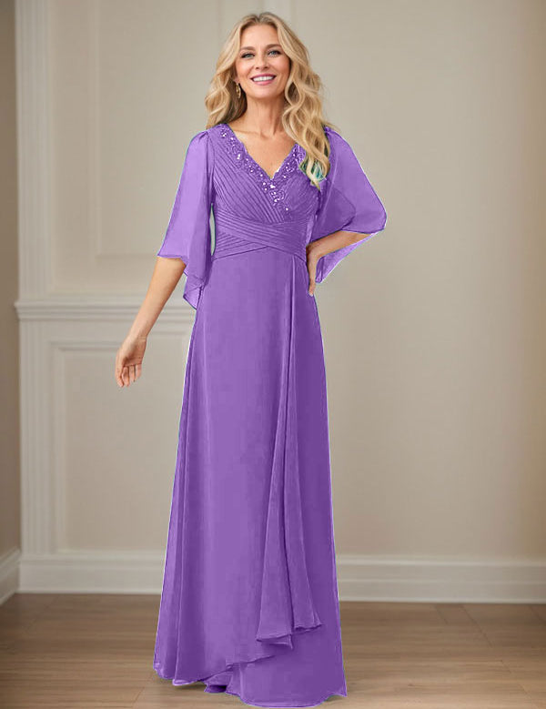 Robe mère de la mariée longue en mousseline à paillettes et col en V