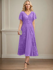 A-line V-Neck Tea-Length Lace Chiffon Mother of the Bride Dress