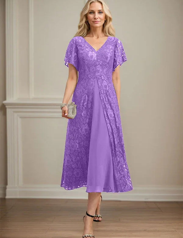 A-line V-Neck Tea-Length Lace Chiffon Mother of the Bride Dress