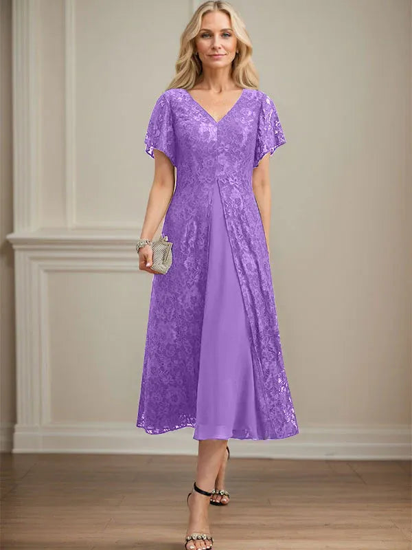 Robe de mère de la mariée en mousseline de soie, coupe trapèze, col en V et longueur thé 