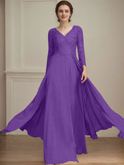 A-line V-Neck Floor-Length Lace Chiffon Mother of the Bride Dress With Sequins