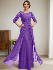 A-Line Scoop Illusion Floor-Length Lace Chiffon Mother Of the Bride Dress With Beading Ruffles