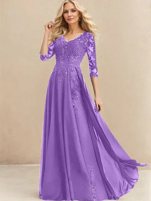 A-line V-Neck Floor-Length Lace Chiffon Mother of the Bride Dress With Sequins