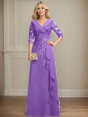 A-line Collared V-Neck Floor-Length Lace Chiffon Mother of the Bride Dress With Sequins Cascading Ruffles
