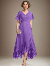 A-line V-Neck Asymmetrical Lace Chiffon Mother of the Bride Dress With Pleated