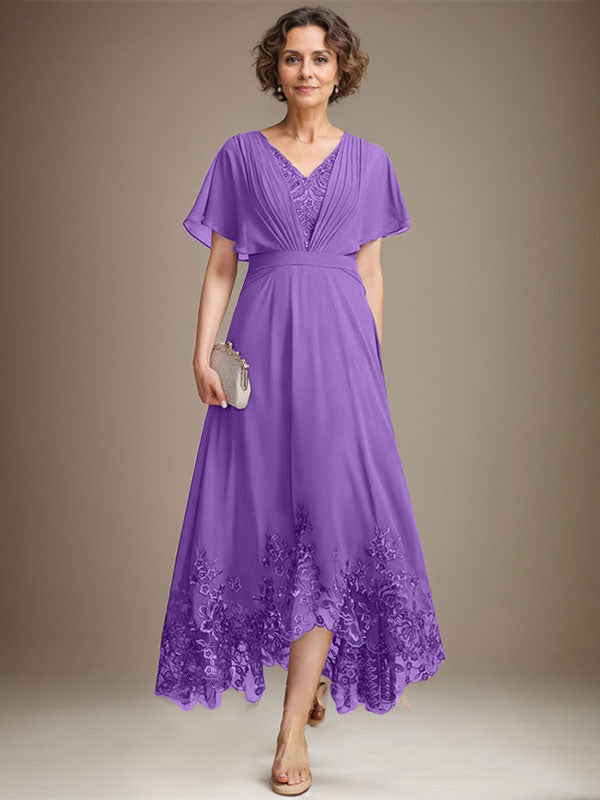A-line V-Neck Asymmetrical Lace Chiffon Mother of the Bride Dress With Pleated