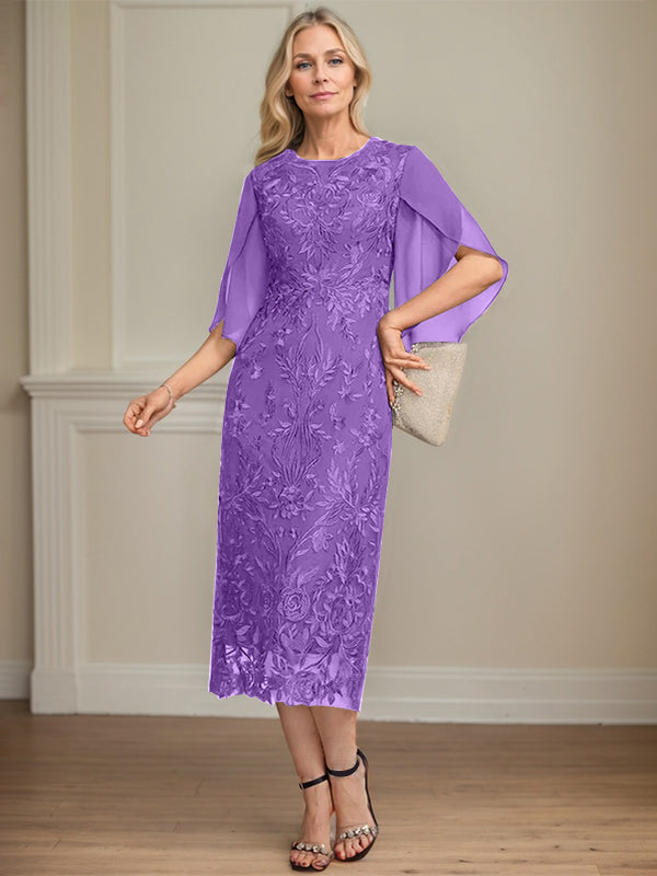 Column Scoop Tea-Length Lace Chiffon Mother of the Bride Dress