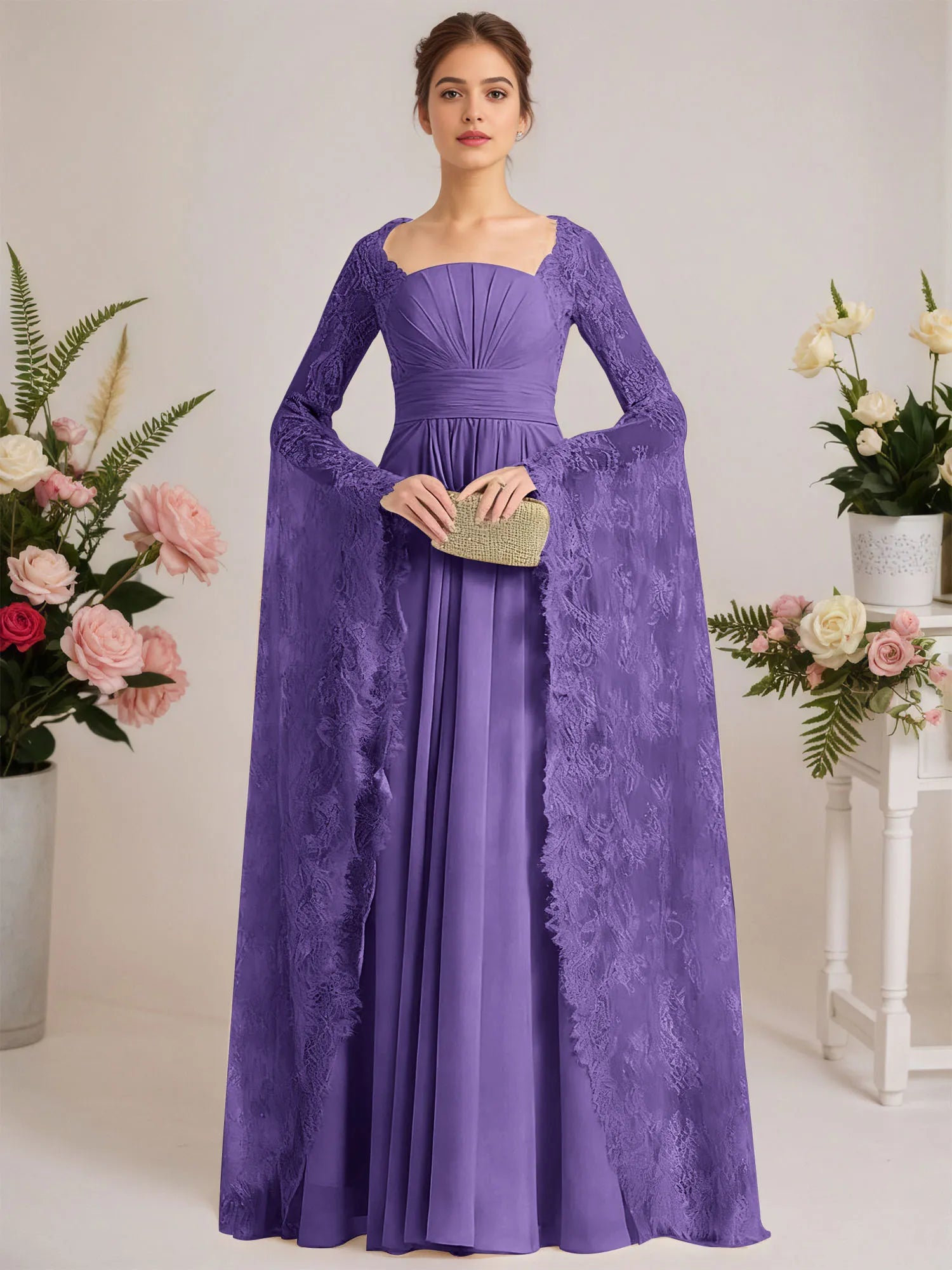 A-line Square Floor-Length Chiffon Lace Evening Dress With Beading Pleated