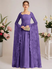 A-line Square Floor-Length Chiffon Lace Evening Dress With Beading Pleated