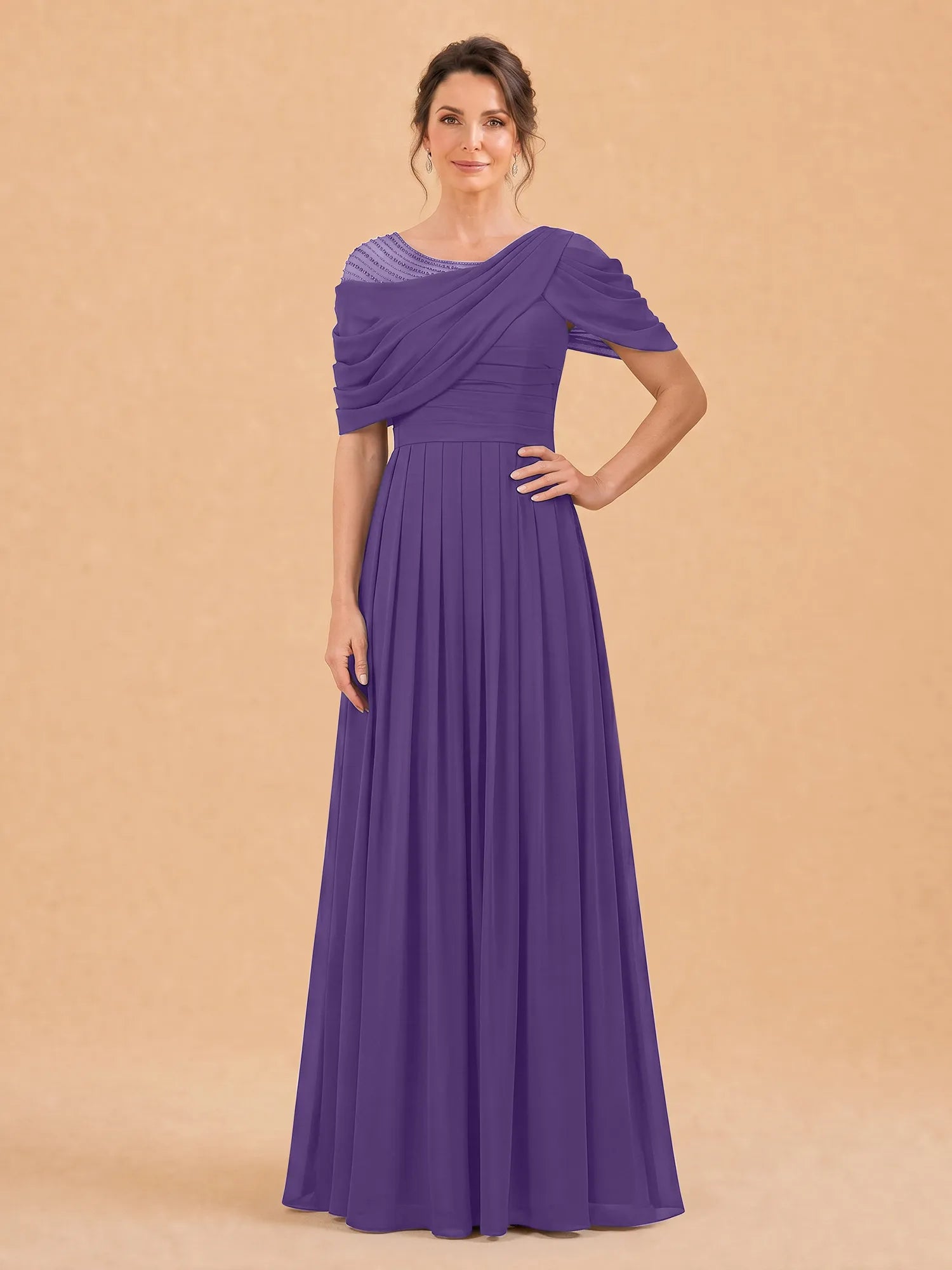One-Shoulder Cape Overlay Chiffon Mother of the Bride Dress