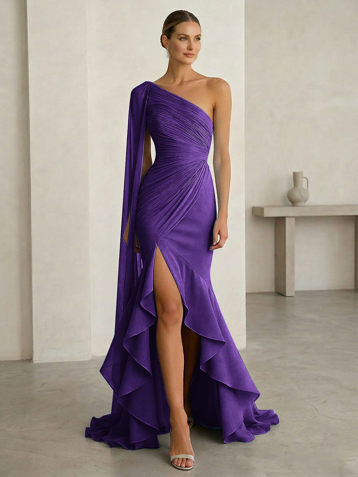 Glamorous Midnight Navy Formal Evening Dress One-Shoulder Ruched Cape Gown